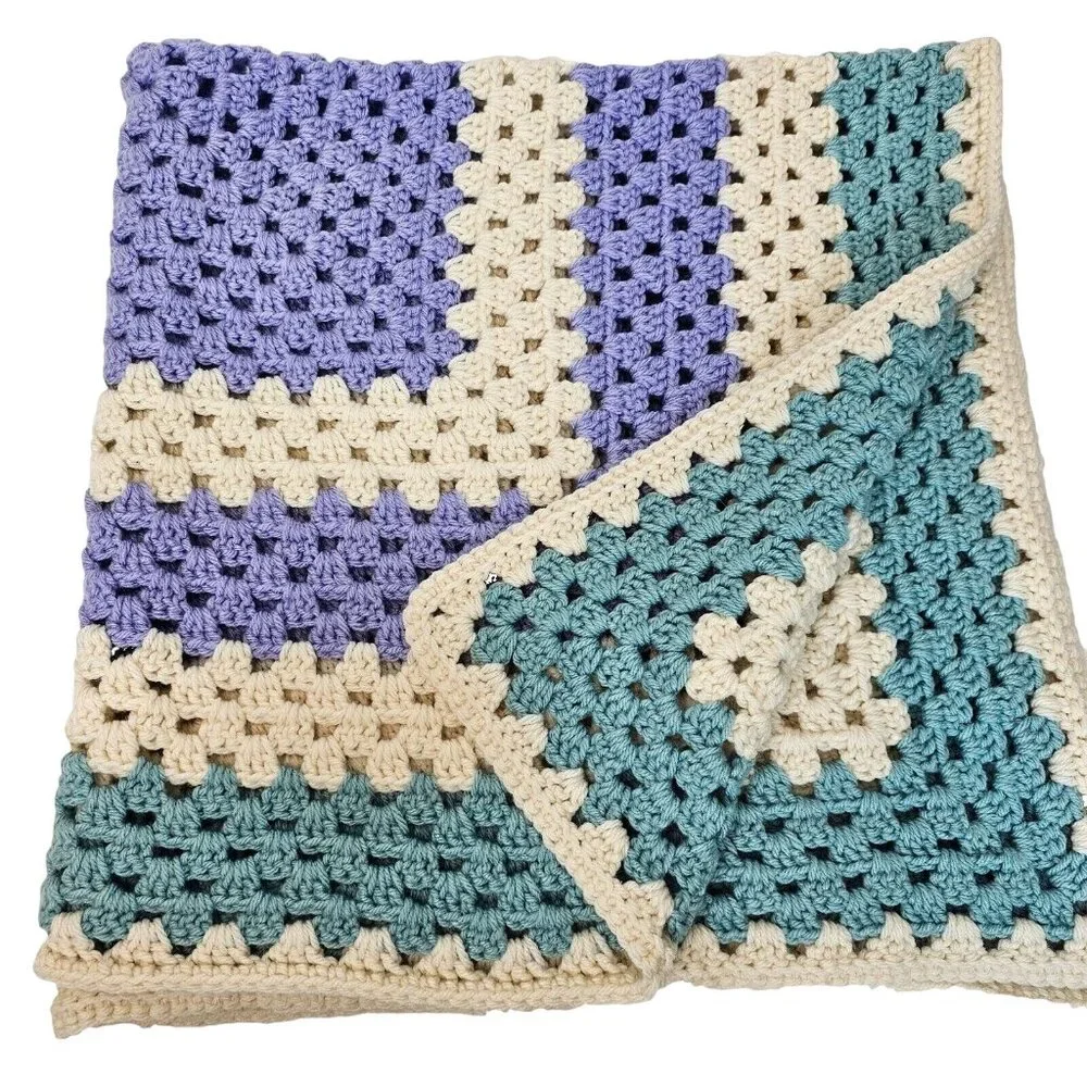 VTG Crochet Handmade Knit Throw Lap Blanket Muted Tone Green Purple Grannysquare